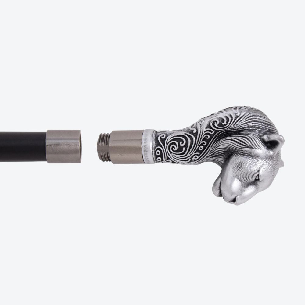 Sculptural Leopard Metal Cane Silver-Bastoni UK