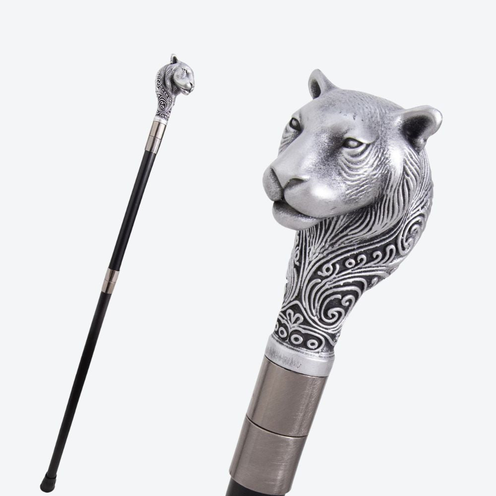 Sculptural Leopard Metal Cane Silver-Bastoni UK