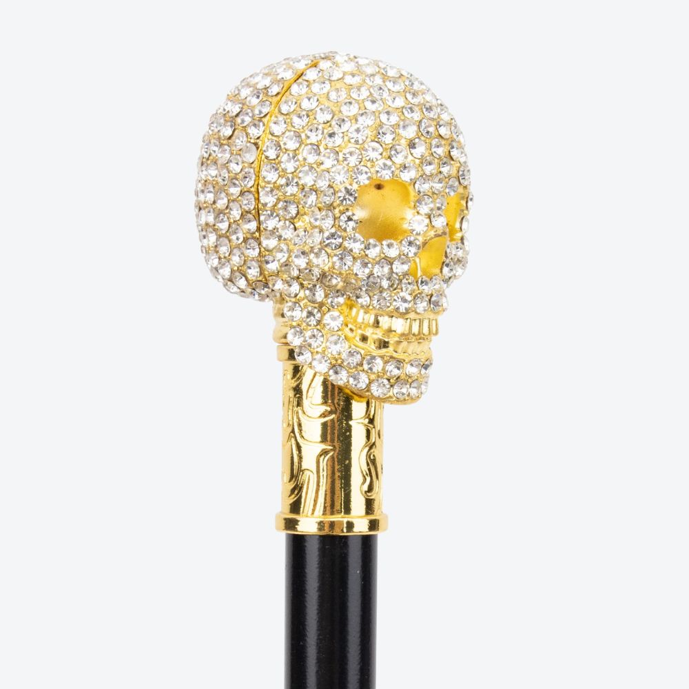 Shiny Gold Skull Cane with Rhinestones - Bastoni