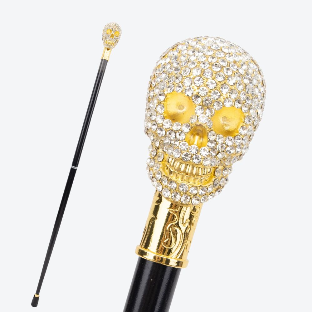 Shiny Gold Skull Cane with Rhinestones - Bastoni