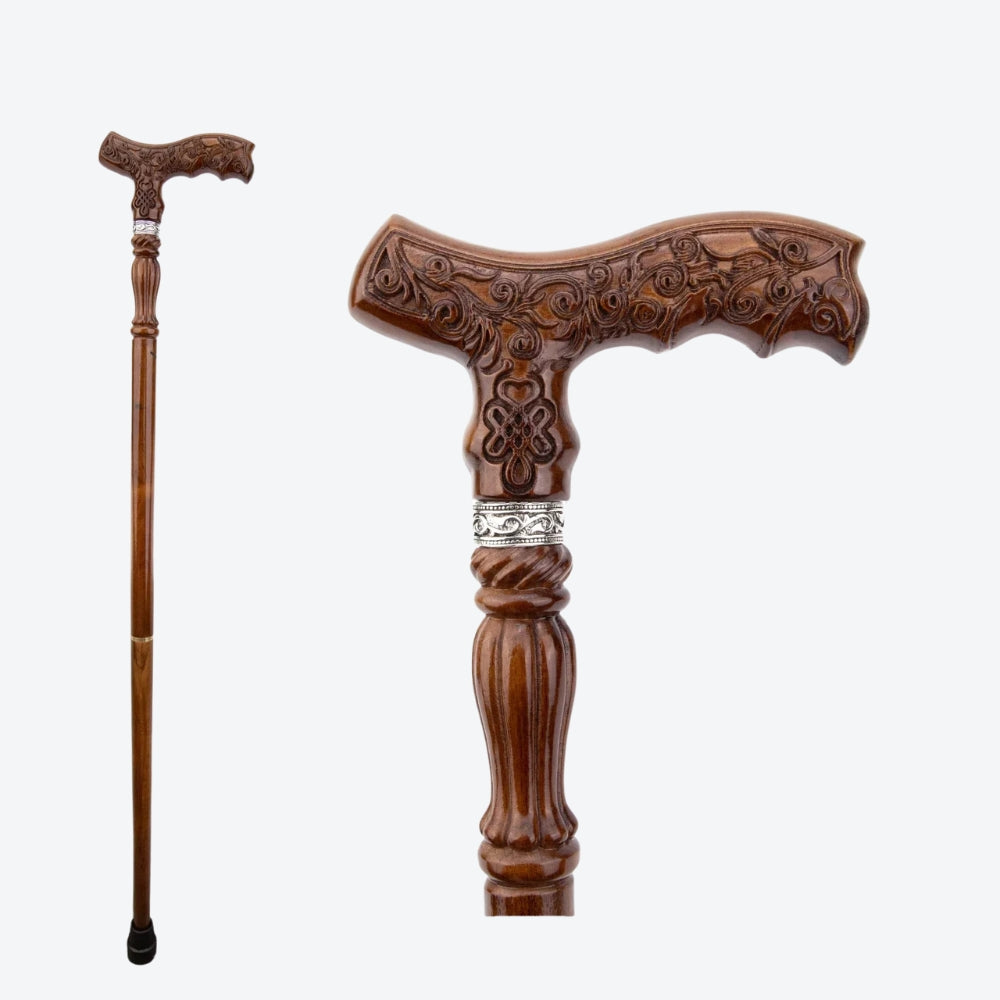 Classic Victorian Walking Stick in Carved Brown Wood - Bastoni
