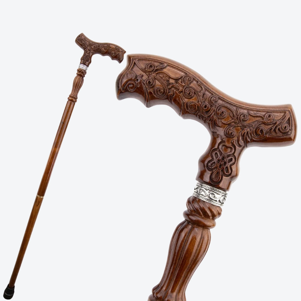 Classic Victorian Walking Stick in Carved Brown Wood - Bastoni