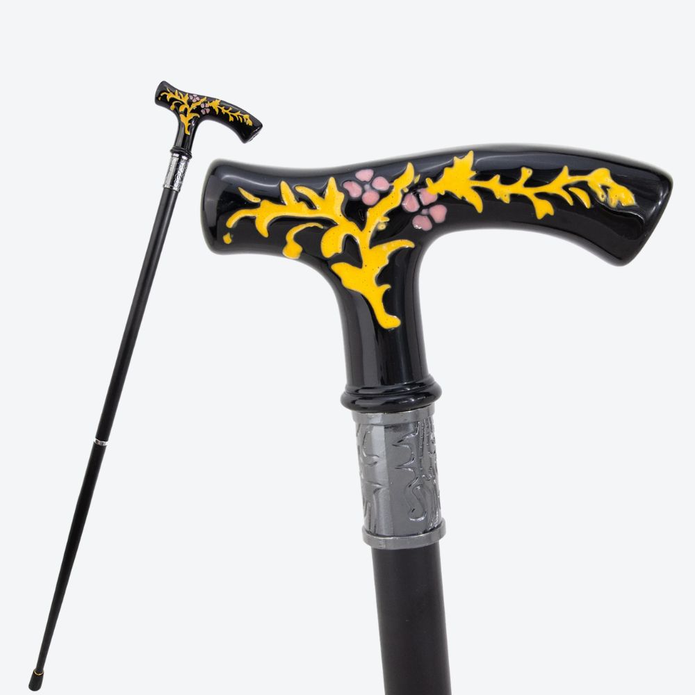 Vintage Summer Flowers Metal Cane Black/Yellow-Bastoni UK