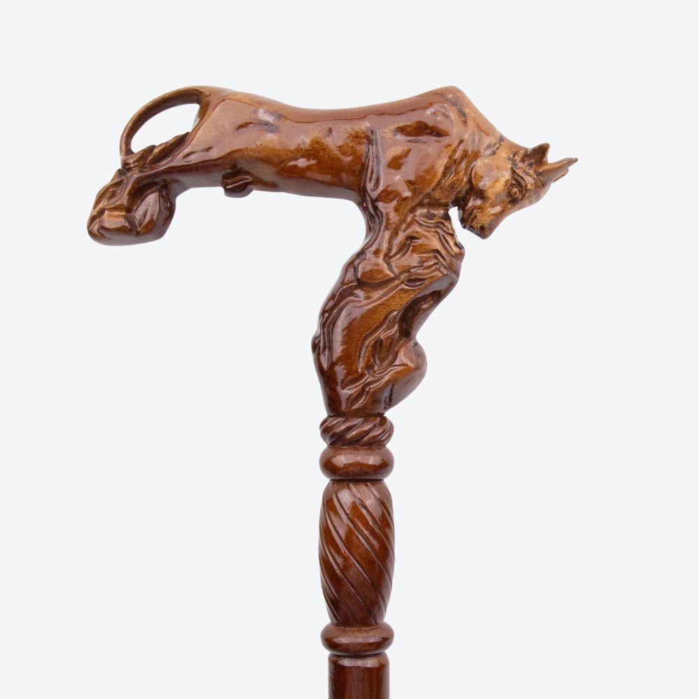 Vintage Wooden Walking Stick with Carved Bull - Bastoni