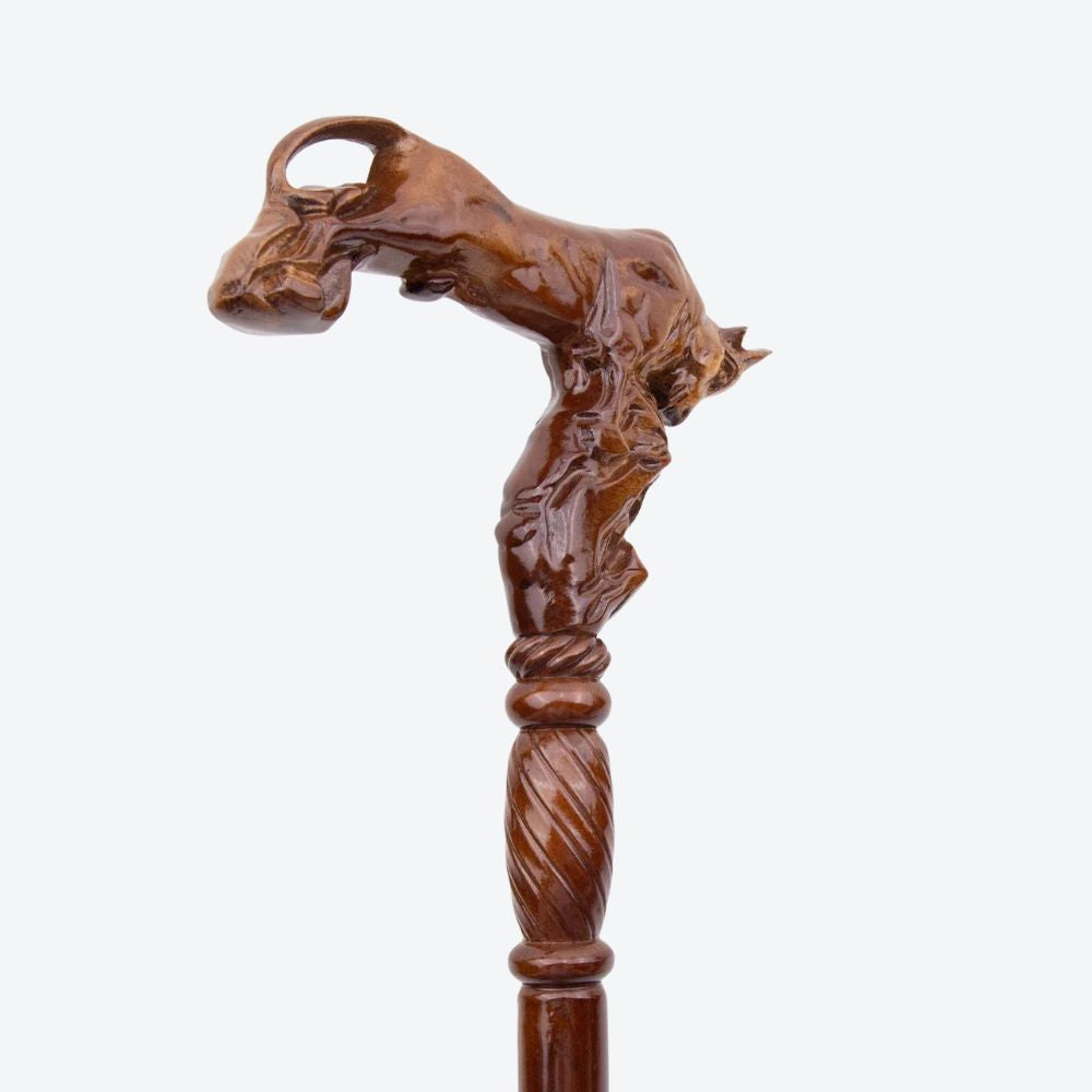 Vintage Wooden Walking Stick with Carved Bull - Bastoni