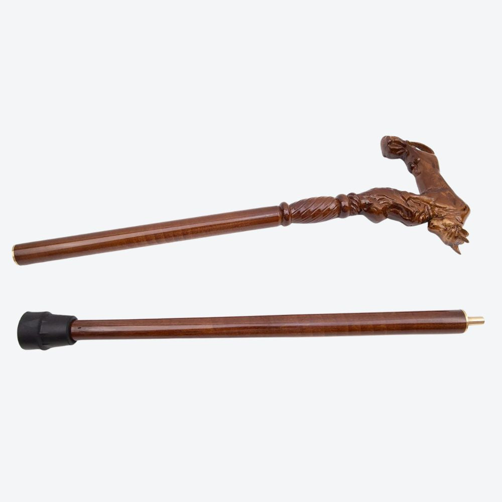 Vintage Wooden Walking Stick with Carved Bull - Bastoni